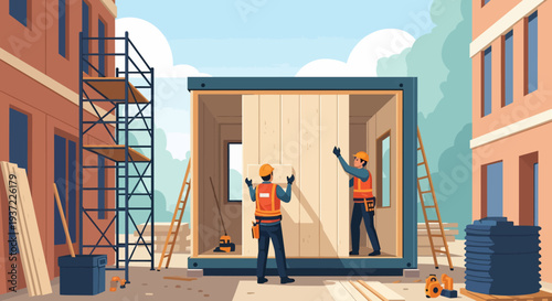 Construction Workers Assembling Container.