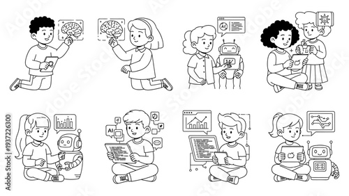 Children learning about artificial intelligence and robotics, exploring futuristic technology, brain scans, and coding with friendly robots and tablets, vector illustration.