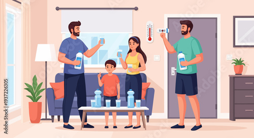 Family Drinking Bottled Water.