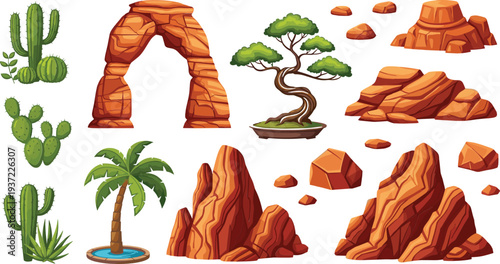 Desert landscape vector set with red rock formations, cactus plants, palm tree, bonsai, and natural stone arch illustration