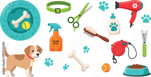 Dog grooming and pet care collection with shampoo, brush, leash, collar, hair dryer, bowl, and grooming tools vector