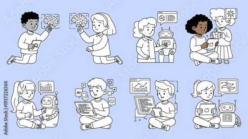 Children learning about artificial intelligence and robotics, exploring futuristic technology, brain scans, and coding with friendly robots and tablets, vector illustration.