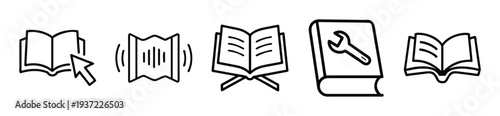 A collection of five distinct black outline vector graphic icons representing different types of manuals, guides, and reading materials on transparent background