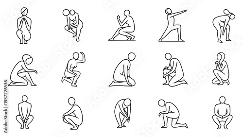 Simplified human figures in various seated and kneeling poses illustrating emotions and physical states such as contemplation and stress vector.