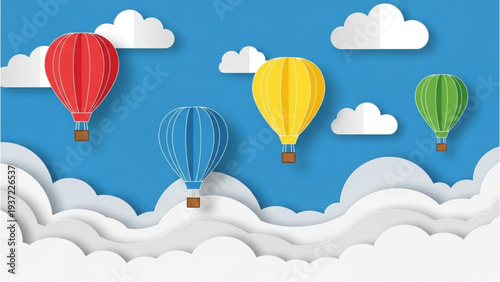 Colorful hot air balloons floating above the clouds in a bright blue sky viewed from below