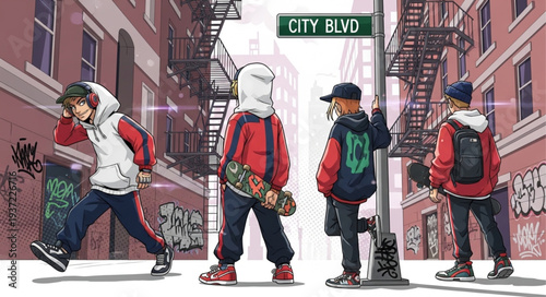 Group of Diverse Children Walking on City Street.