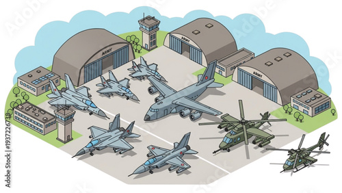 Military aircraft assembled on airbase tarmac with hangars and control tower in aerial view