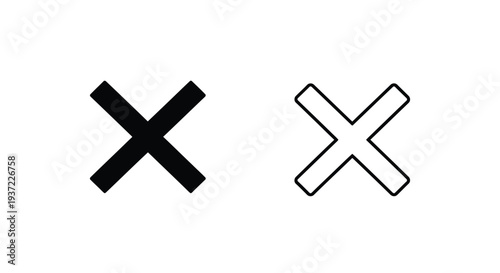 Set of 2 Black X Mark Icons Vector: Solid Filled and Outline Style for Close, Delete, or Multiply Symbols on Websites and Apps