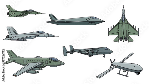 A collection of various military aircraft showcased in a digital illustration from a top-down viewpoint