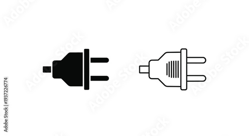 Set of 2 black and white electric power plug icons vector, featuring solid fill and outline styles for energy connection and electricity concepts