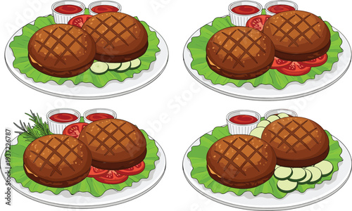 Grilled hamburger steak patties with fresh vegetables and sauce served on plate delicious meal vector illustration set