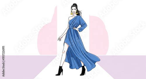 Elegant Woman in Blue Dress Standing Confidently.