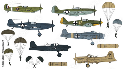 Military aircraft and paratroopers in flight over landscape viewed from above