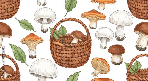 Hand drawn mushroom and wicker basket seamless pattern with forest fungi, leaves, and wild edible mushrooms vector illustration