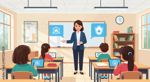 Teacher instructing students in classroom.