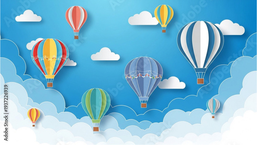 Colorful hot air balloons floating among clouds in a serene blue sky viewed from below