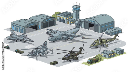 Military Aircraft and Vehicles at Airbase with Control Tower and Hangars