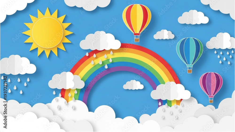 Fototapeta premium Vibrant Rainbow Emerging Through Fluffy White Clouds with Colorful Balloons and Sun in a Serene Blue Sky
