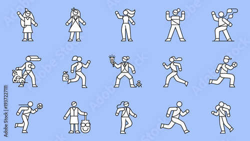 Simple line art figures participating in diverse activities, showcasing action, movement, and engagement, clean design for various applications. vector illustration.