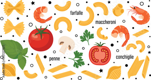 Italian Pasta Ingredients and Seafood Vector Set Featuring Farfalle Maccheroni Penne Conchiglie Shrimp Tomato Basil Mushroom and Cooking Food Elements Illustration