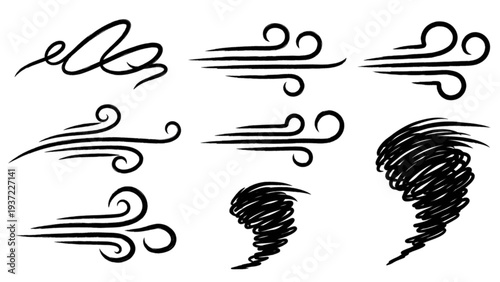 Tornado illustrations depicting various stages of formation and development in a simple black line art style