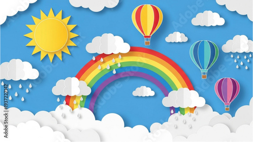Vibrant Rainbow Emerging Through Fluffy White Clouds with Colorful Balloons and Sun in a Serene Blue Sky