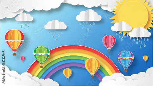 Vibrant rainbow and hot air balloons float among fluffy clouds under a sunny sky on a rainy day