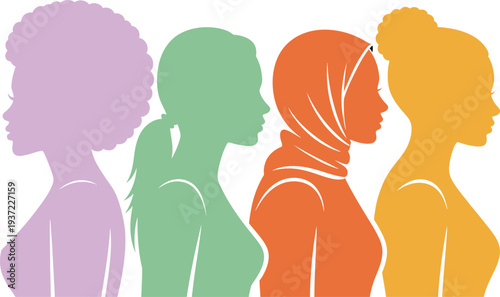 Diverse group of four women silhouettes representing various hairstyles and cultural styles standing together on transparent background