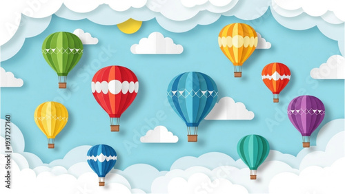 Colorful Hot Air Balloons Soaring Through a Cloudy Sky with Fluffy White Clouds