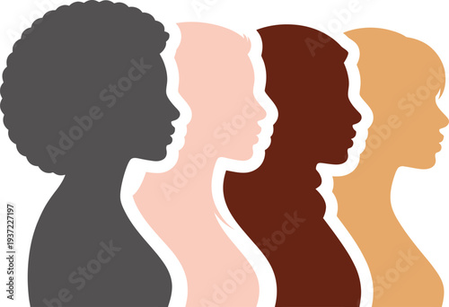 Diverse group of women profiles illustration representing unity, equality, and human rights in a modern vector graphic design on transparent background. 