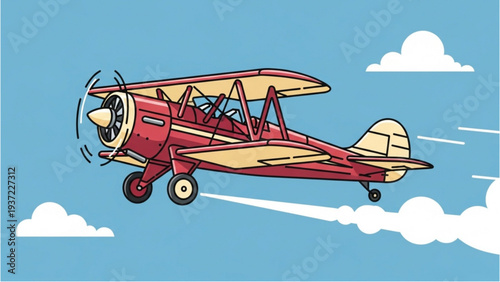 Vintage biplane soaring through cloudy sky with motion blur effect from aerial viewpoint