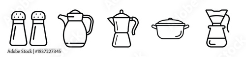 Simple black line illustration of kitchen utensils and coffee makers on transparent background
