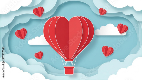 Heart-shaped hot air balloon soaring through cloudy sky with floating hearts