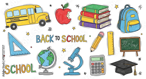 Colorful School Supplies and Back to School Items.