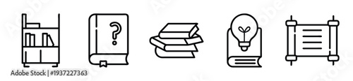Collection of education and knowledge icons including books, question mark, and lightbulb on transparent background. on transparent background