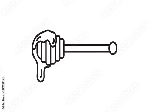 A hand holding a honey dipper with honey dripping from it