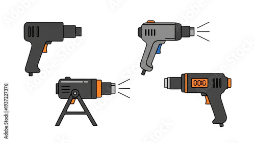 Various power drills and a rotary hammer on a clean white background viewed from a straightforward perspective
