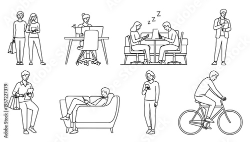 Daily life activities character set featuring people shopping, working at home, sleeping in an office, riding a bicycle, using a smartphone, and relaxing on sofa furniture vector illustration.