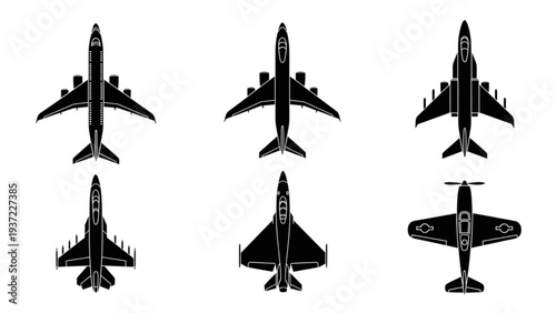 Military aircraft silhouettes displayed from various viewpoints showcasing different models and designs in a clear visual arrangement