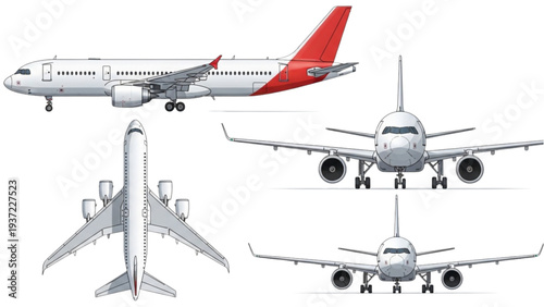 A commercial airplane viewed from multiple angles showcasing its design and features in a technical illustration
