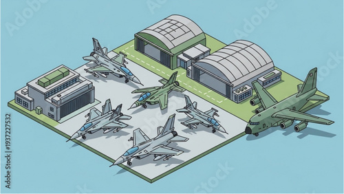Military Aircraft Gathered at Airbase Hangars and Buildings in Isometric View