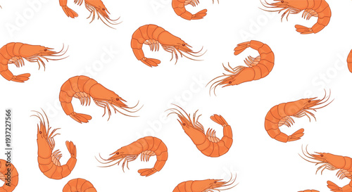 Seamless shrimp seafood pattern with fresh prawns scattered on light background marine food vector illustration