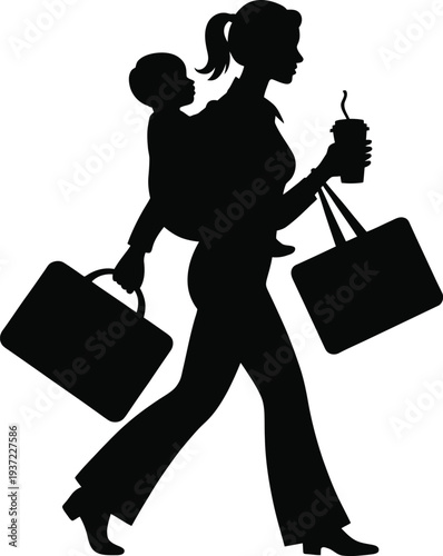 Silhouette vector illustration of a professional mother multitasking, carrying her baby, holding briefcases and coffee, on transparent background. 