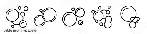 A collection of five distinct line art vector graphic illustrations depicting various clusters of rounded soap bubbles and foamy effervescence on transparent background