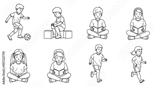 Children's activities line art set. It includes illustrations of boys playing soccer, girls reading books, and kids running.