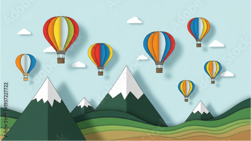 Vibrant hot air balloons soar above majestic mountains and serene landscape from a bird's eye view