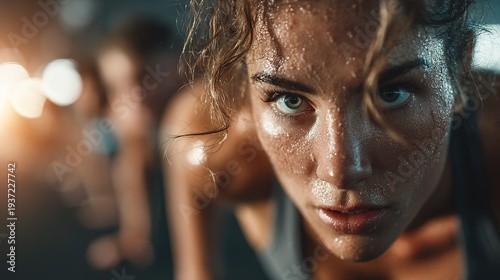 Portrait of sweaty athletic woman after intense workout in warm atmospheric gym