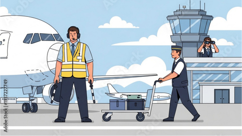 Airport staff handling luggage and aircraft on tarmac with control tower in background