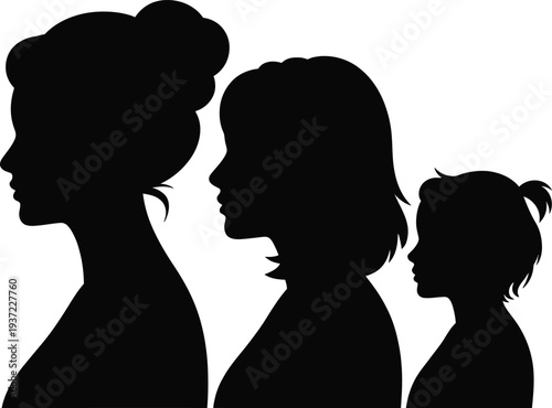 Dynamic vector graphic illustration depicting three diverse female silhouettes showcasing different generations and ages, side view, on transparent background.