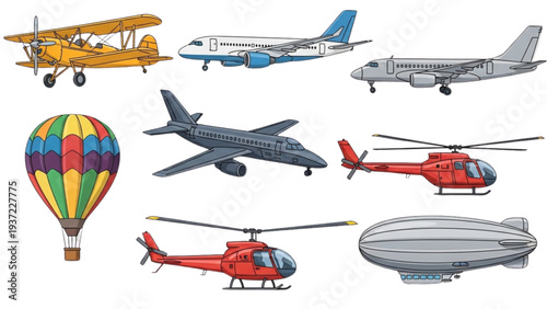 Collection of various aircraft and airships in flight and on display